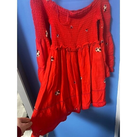 FREE PEOPLE Red Off-Shoulder Smocked Dress, Embroidered Floral, Flare Sleeve, XS - Picture 8 of 9
